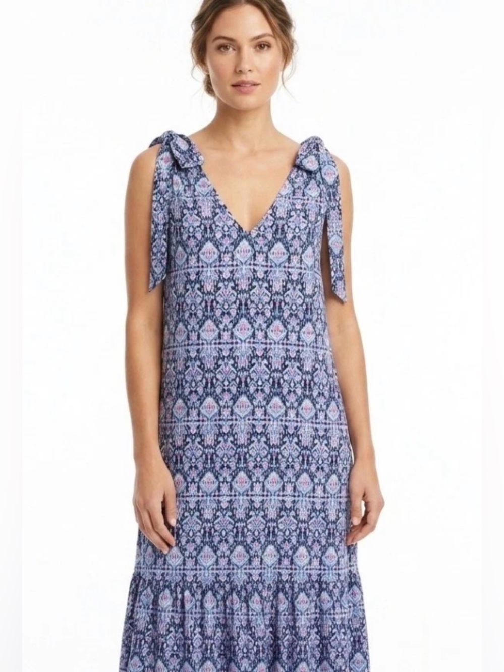 Banana Republic Blue/Pink Floral Tie Shoulder Drop Waist Midi Dress XS